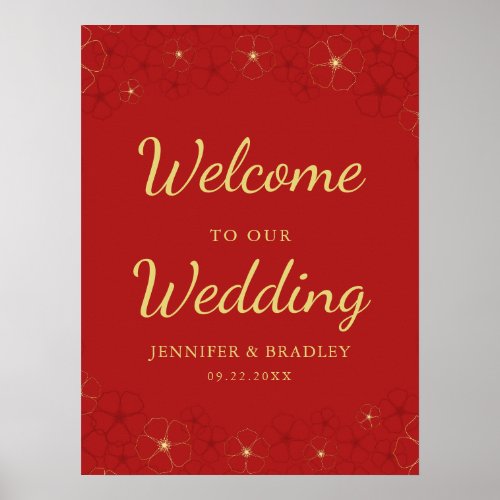 Red Gold Cherry Blossoms Welcome Sign