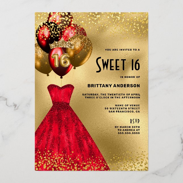Red Gold Chic 16th Birthday Sweet 16 Foil Invitation (Front)