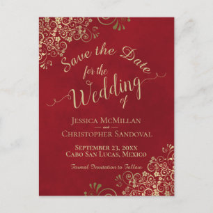 Red & Gold Chic Calligraphy Wedding Save the Date Announcement Postcard