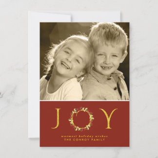 Red Gold Chic Christmas Joy Floral Wreath Photo Holiday Card