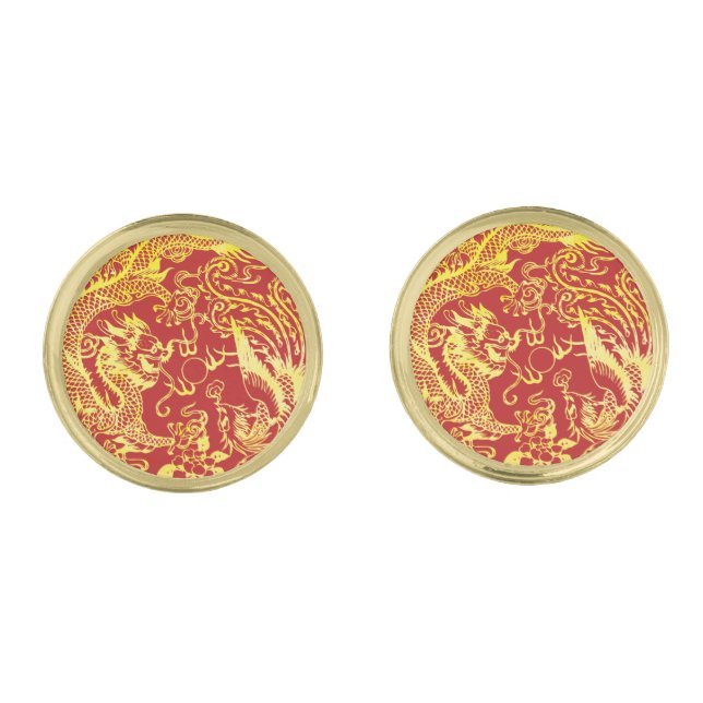 Red gold Chinese Dragon and Phoenix logo wedding Cufflinks (Front)