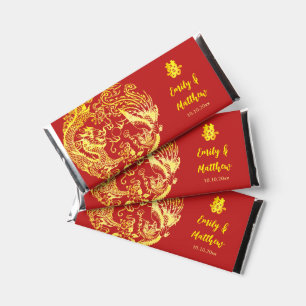 Red gold Chinese Dragon and Phoenix logo wedding Hershey Bar Favors