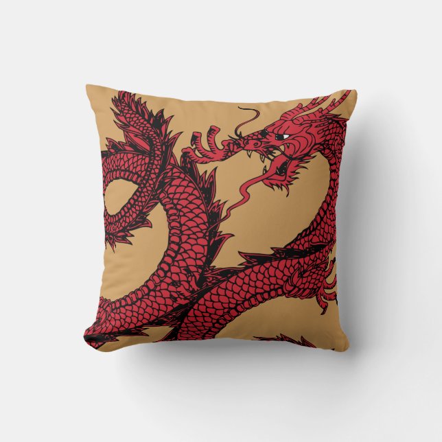Red & Gold Chinese Dragon Throw Pillow (Front)