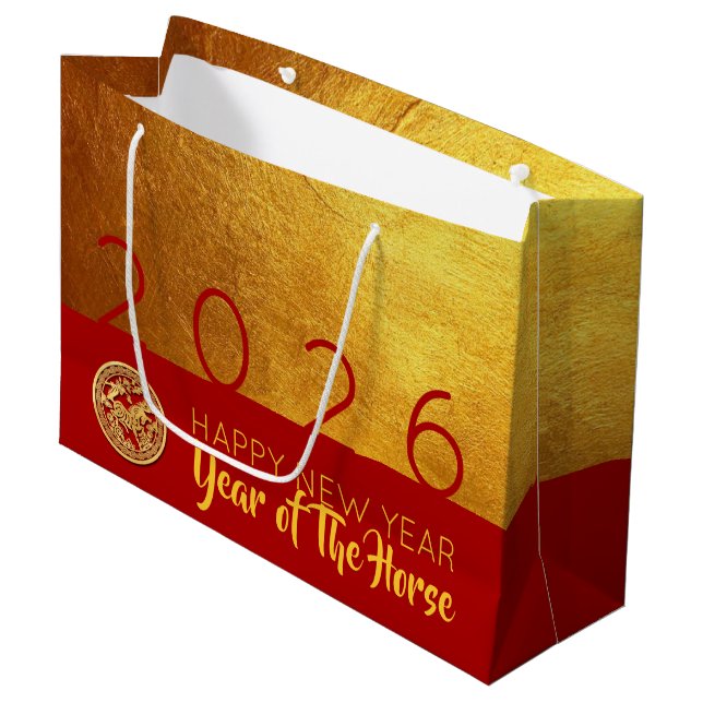 Red Gold Chinese Horse paper-cut 2026 LGB Large Gift Bag (Front Angled)