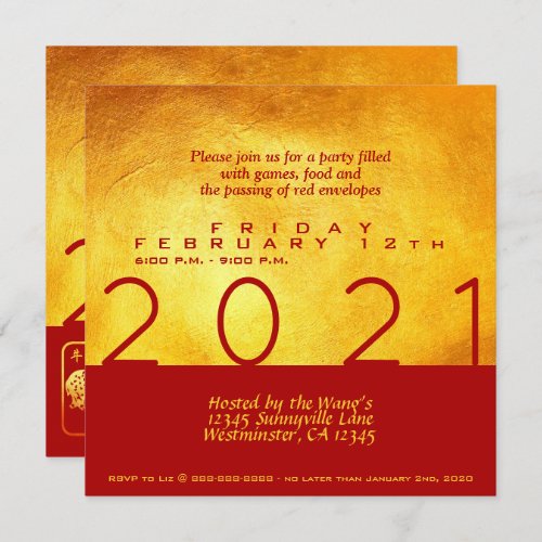 Red Gold Chinese Ox paper_cut 2021 Party Sq Inv Invitation