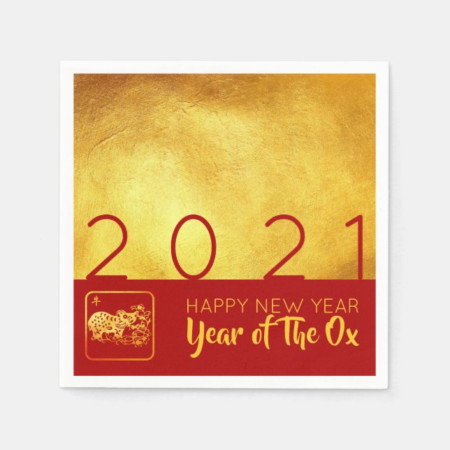 Red Gold Chinese Ox paper-cut 2021 PN Napkins (Front)