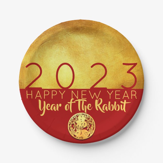 Red Gold Chinese Rabbit paper-cut 2023 PP Paper Plates (Front)