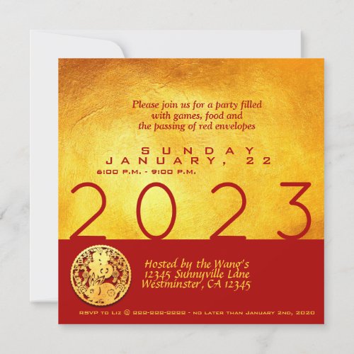 Red Gold Chinese Rabbit papercut 2023 Party SqInv Card