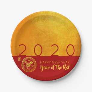 Red Gold Chinese Rat paper-cut 2020 Party PP Paper Plates