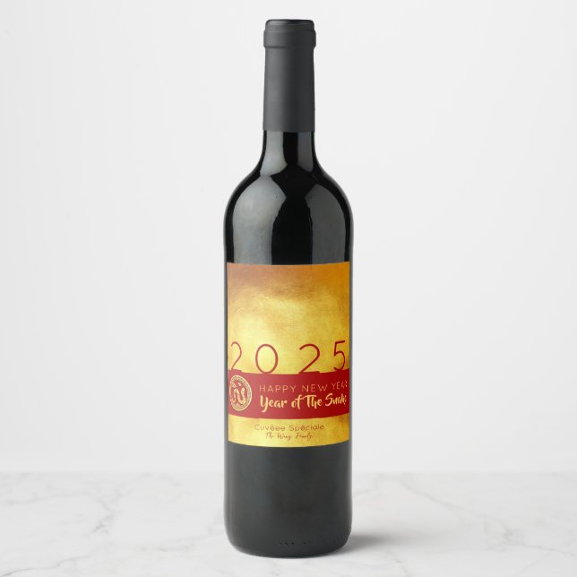 Red Gold Chinese Snake paper-cut 2025 personalized Wine Label (Front)