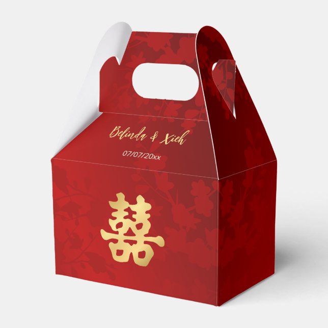 Red Gold Chinese Wedding Bride And Groom Favor Boxes (Front Side)