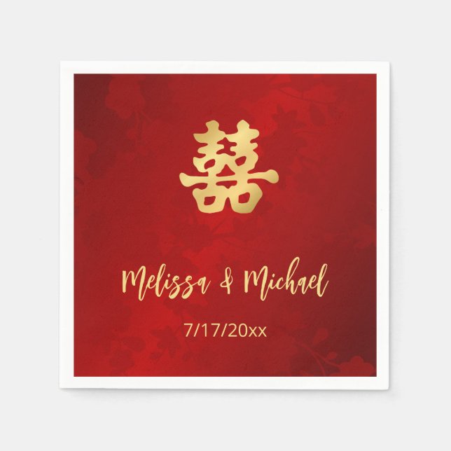   Red  Gold Chinese Wedding Custom  Napkins (Front)
