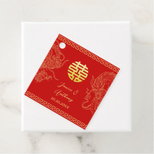 Red gold Chinese wedding dragon and phoenix Favor Tags