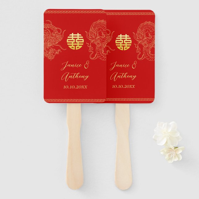 Red gold Chinese wedding dragon and phoenix Hand Fan (Front and Back)