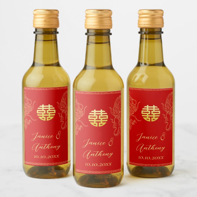 Red gold Chinese wedding dragon and phoenix Wine Label (Bottles)