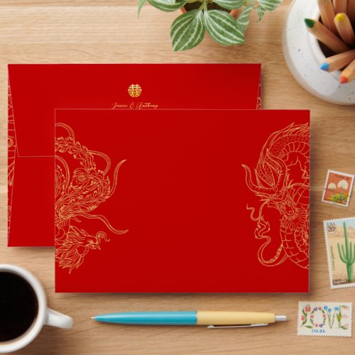 Red gold Chinese wedding dragon phoenix Envelope