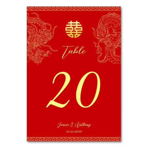 Red gold Chinese wedding dragon phoenix Table Number