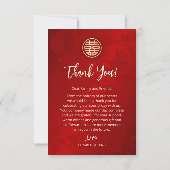  Red Gold Chinese Wedding Thank You Card (Front)