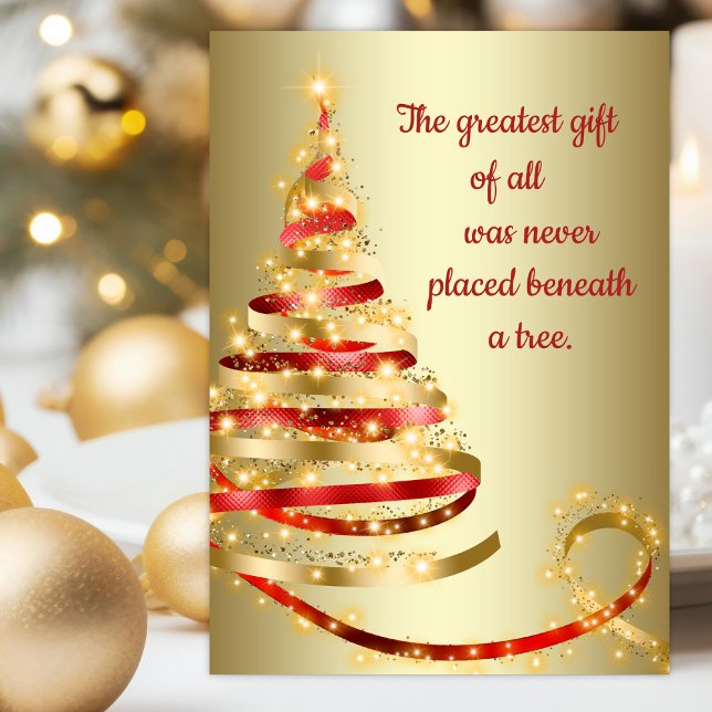 Red Gold Christian Christmas  Holiday Card (Christian Christmas card with elegant red and gold ribbon tree with scriptures.)