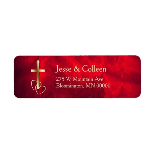 Red Gold Christian Cross Wedding Return Label