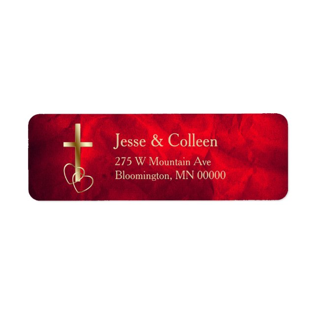 Red Gold Christian Cross Wedding Return Label (Front)