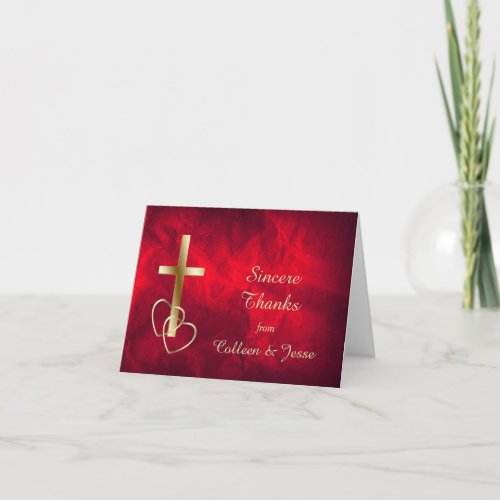 Red Gold Christian Cross Wedding Thank You Card