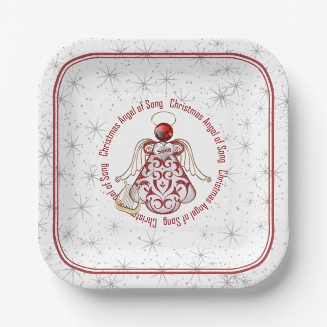 Red & Gold Christmas Angel of Song & Stars Paper Plates (Front)