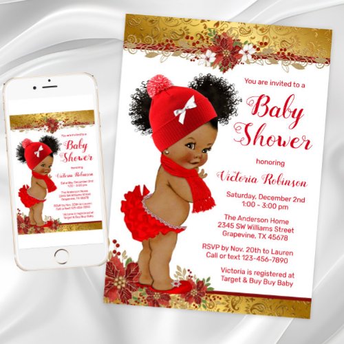 Red Gold Christmas Baby Shower Invitation