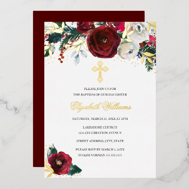 Red Gold Christmas Baptism Floral Girl Baptism Foil Invitation (Front/Back)