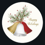 Red & gold Christmas bells, pine Classic Round Sticker<br><div class="desc">Christmas and New Year Sticker with red,  gold and silver white bells and branchet of pine.</div>