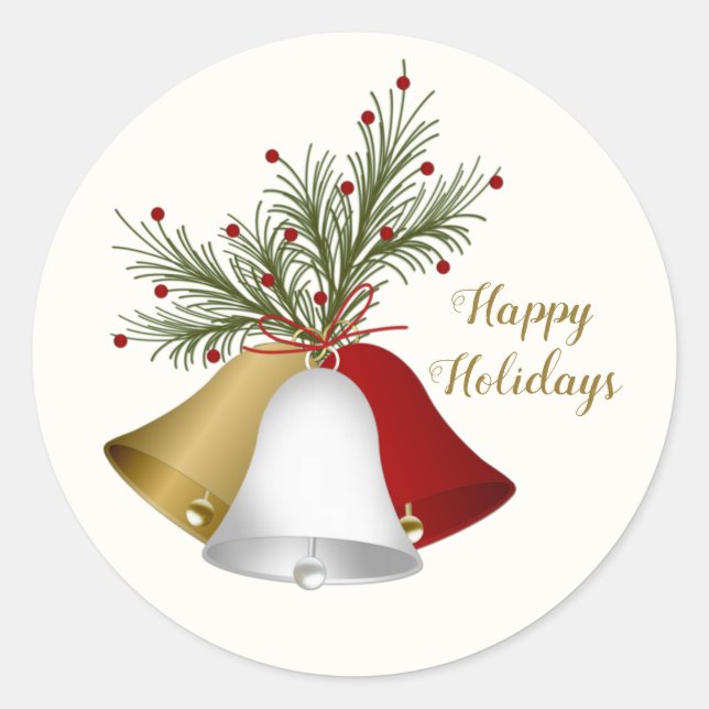 Red & gold Christmas bells, pine Classic Round Sticker (Front)