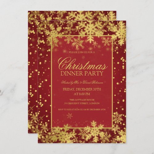 Red Gold Christmas Dinner Party Winter Snowflakes Invitation