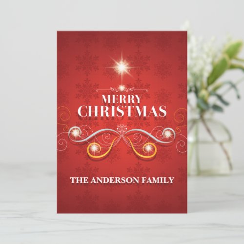 Red gold Christmas family wishes elegant chic tree Holiday Card
