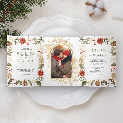 Red Gold Christmas Floral Photo All in One Wedding Tri_Fold Invitation