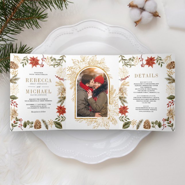 Red Gold Christmas Floral Photo All in One Wedding Tri-Fold Invitation (Creator Uploaded)