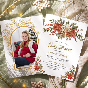 Red Gold Christmas Floral Photo Baby Shower Invitation