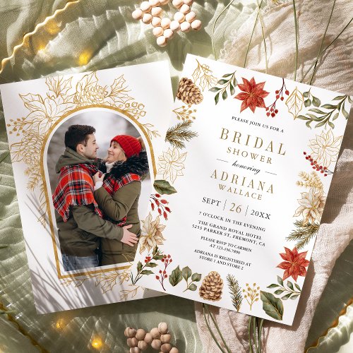 Red Gold Christmas Floral Photo Bridal Shower Invitation