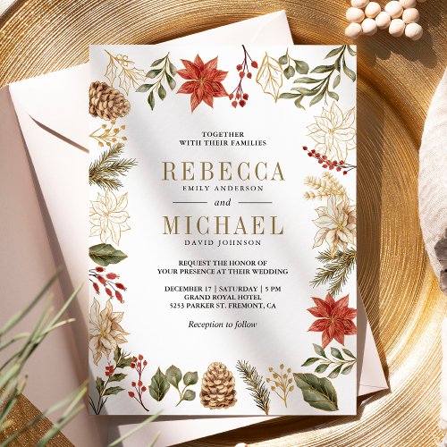 Red Gold Christmas Floral Photo QR Code Wedding Invitation