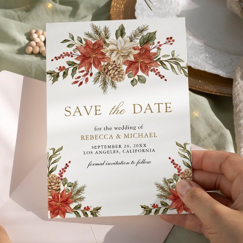 Red Gold Christmas Floral Photo Wedding Save The Date