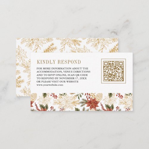 Red Gold Christmas Floral QR Code Wedding RSVP Enclosure Card