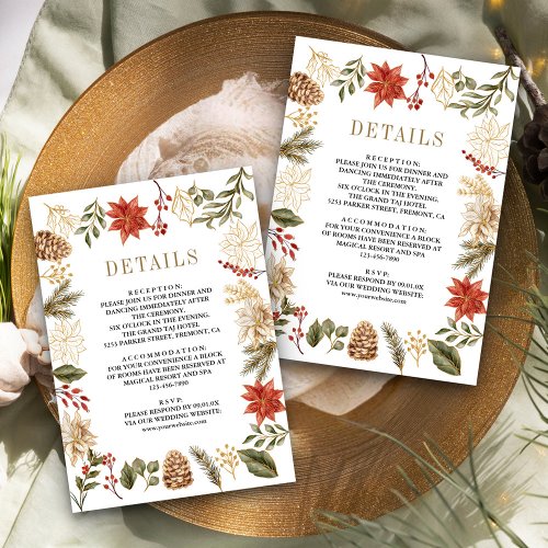 Red Gold Christmas Floral Wedding Details Enclosure Card