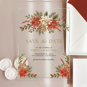Red Gold Christmas Floral Wedding Save the Date