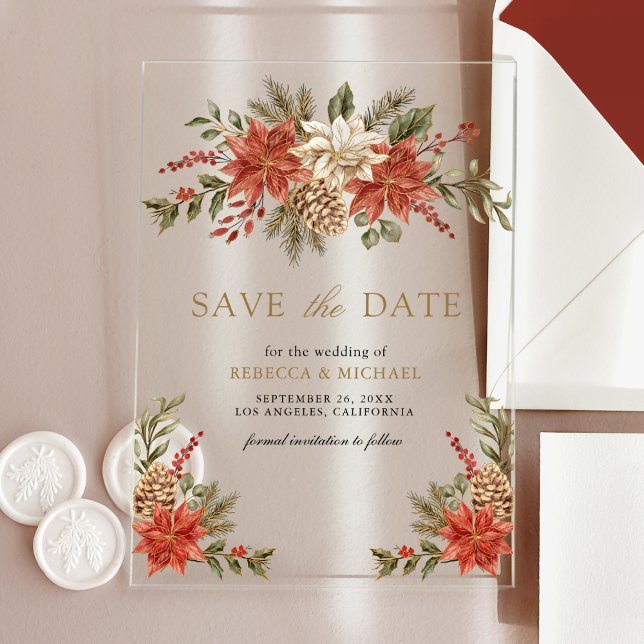 Red Gold Christmas Floral Wedding Save the Date (Creator Uploaded)