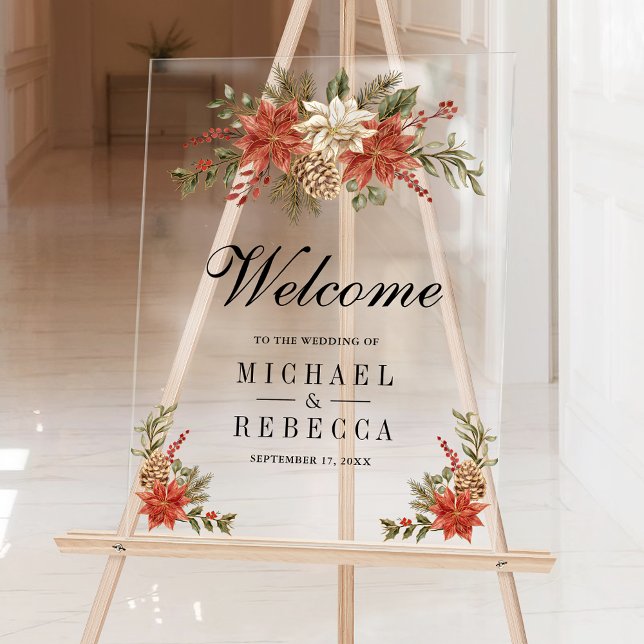 Red Gold Christmas Floral Wedding Welcome Acrylic Sign (Creator Uploaded)