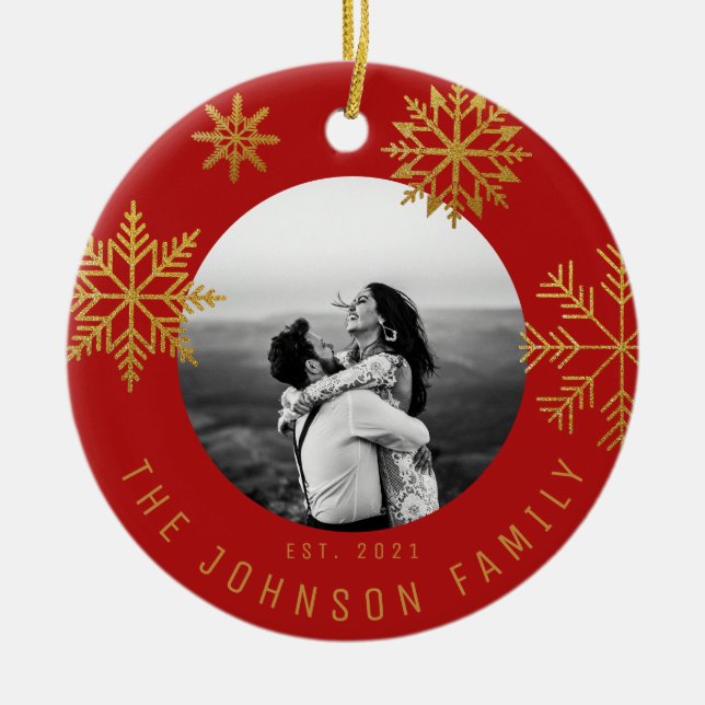 Red Gold Christmas Gift for Newlyweds Ceramic Ornament (Front)