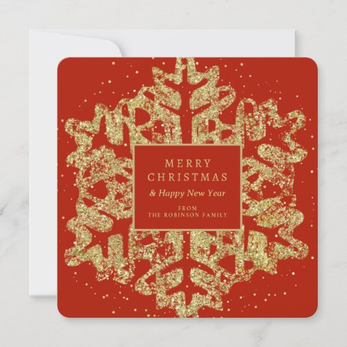 Red Gold Christmas Glitter Snowflake Family  Holiday Card