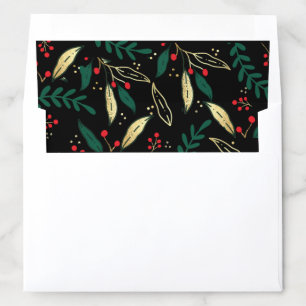 Red Gold Christmas Greenery Black Return Address Envelope Liner