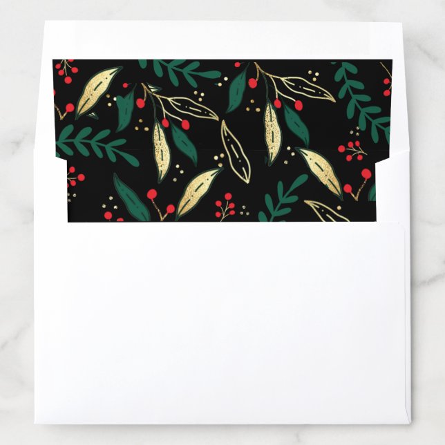 Red Gold Christmas Greenery Black Return Address Envelope Liner (In Envelope)