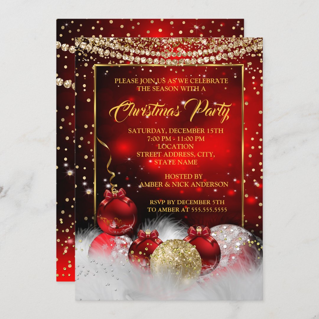 Red Gold Christmas Holiday Party Snow Invitation | Zazzle