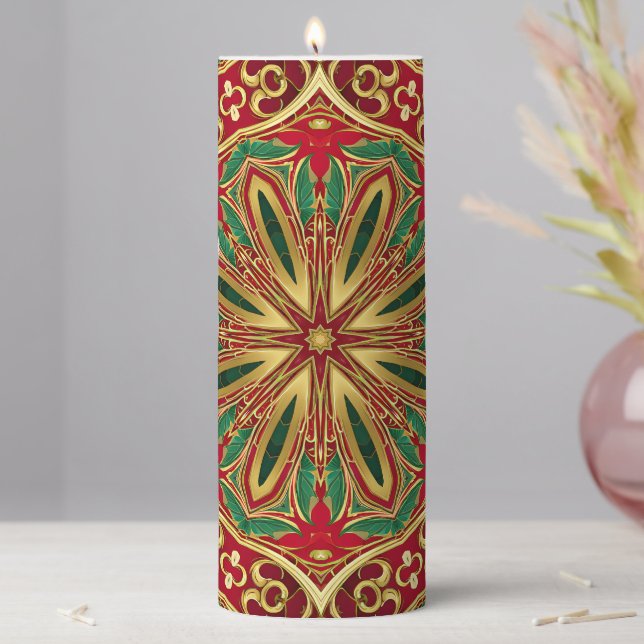 Red Gold Christmas Holiday Pillar Candle (In Situ)